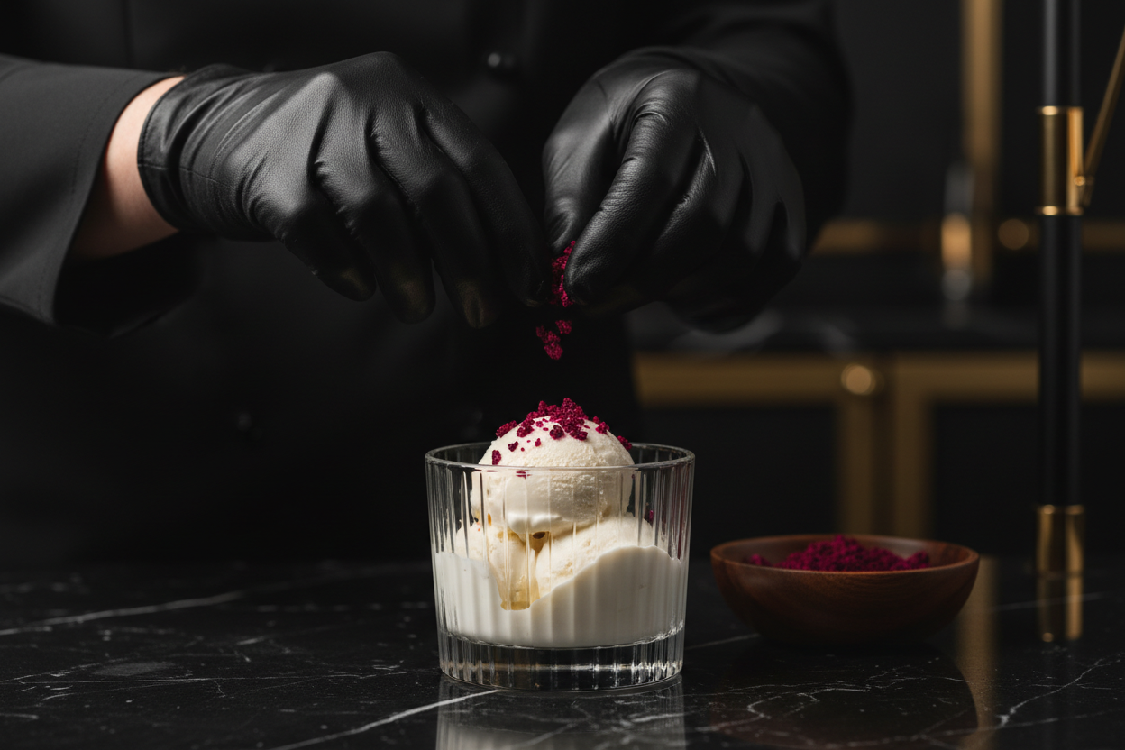 8K超高清摄影，真实感，顶级美食广告质感，暗黑奢华场景，黑色大理石料理台，戴黑色皮质手套的手部特写，紫红色火龙果冻干小碎片洒在精致琉璃容器中的冰激凌上，奢华，真实，顶级甜品,3:2